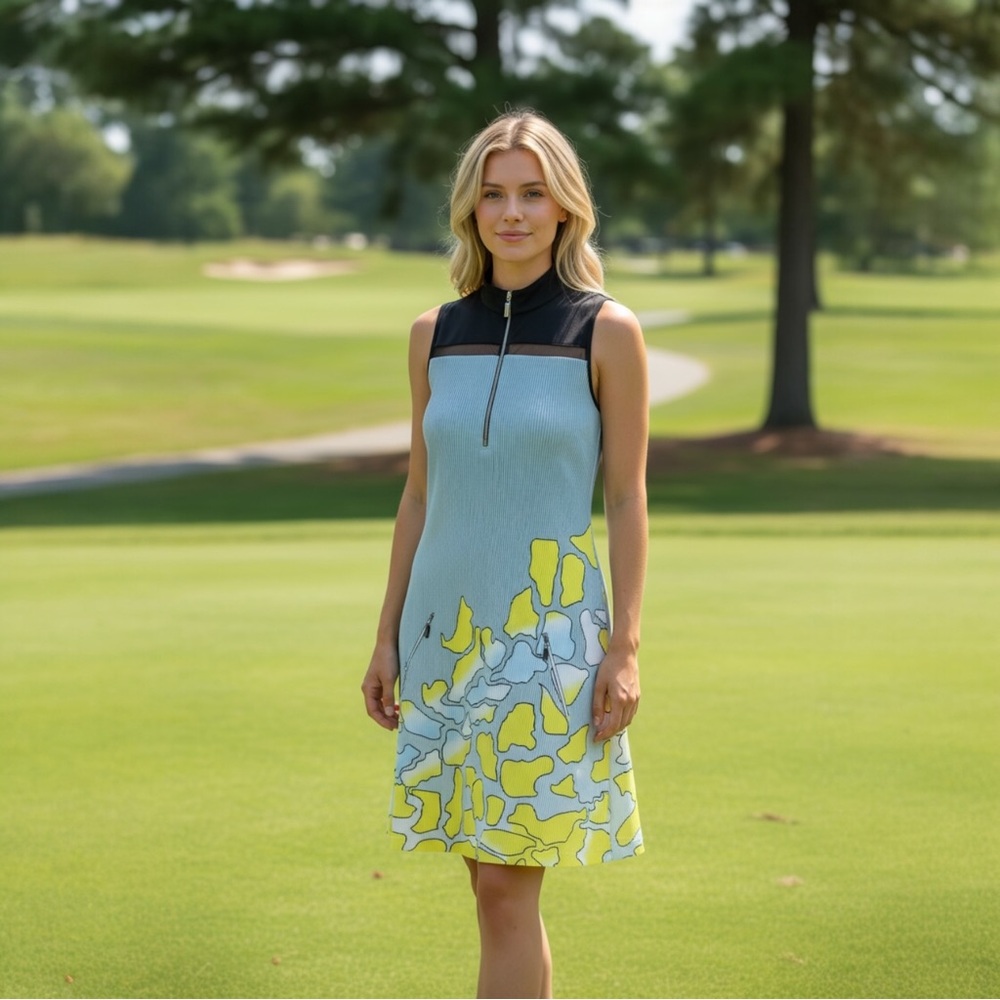 jamie sadock Light Blue and Yellow Abstract Print Midi Golf Dress L